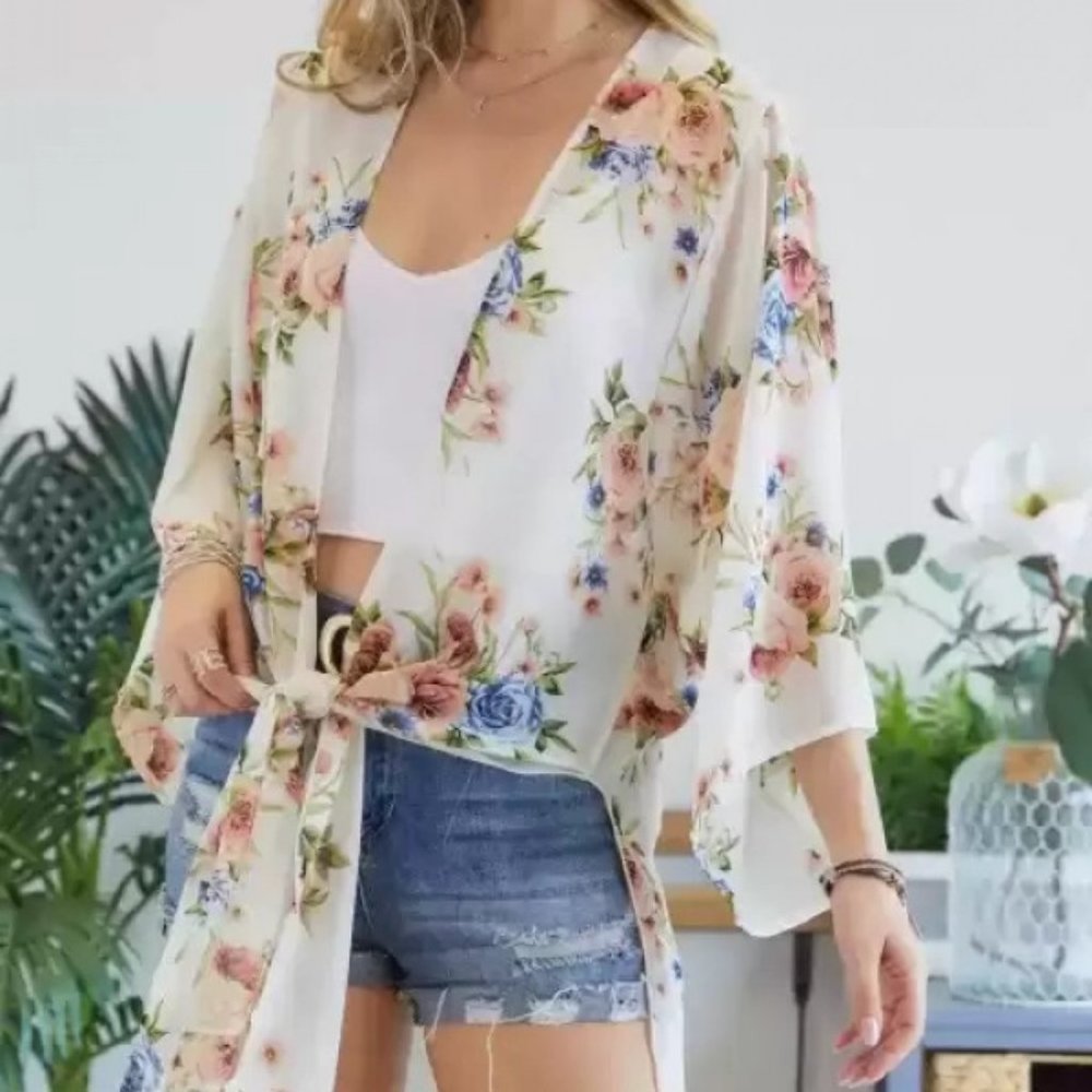 NWT Adora Chiffon Floral Print Three Fourth Sleeve Kimono In Ivory And Blue